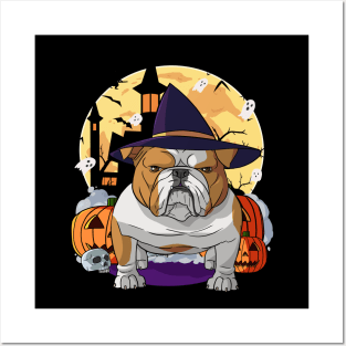 English Bulldog Witch Happy Halloween Posters and Art